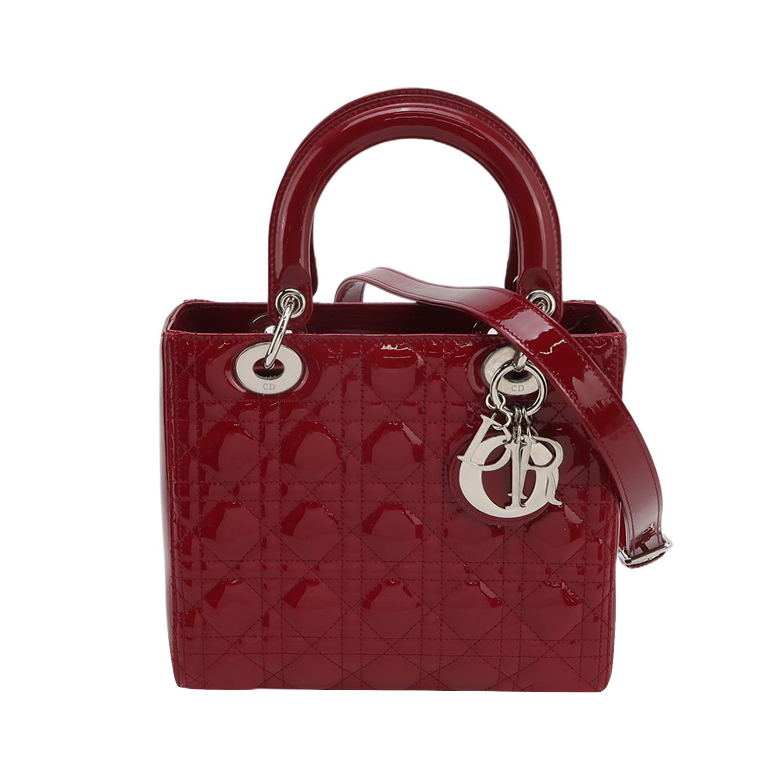Lady Dior戴妃包中号漆皮藤格纹字母Logo吊饰斜挎包单肩包