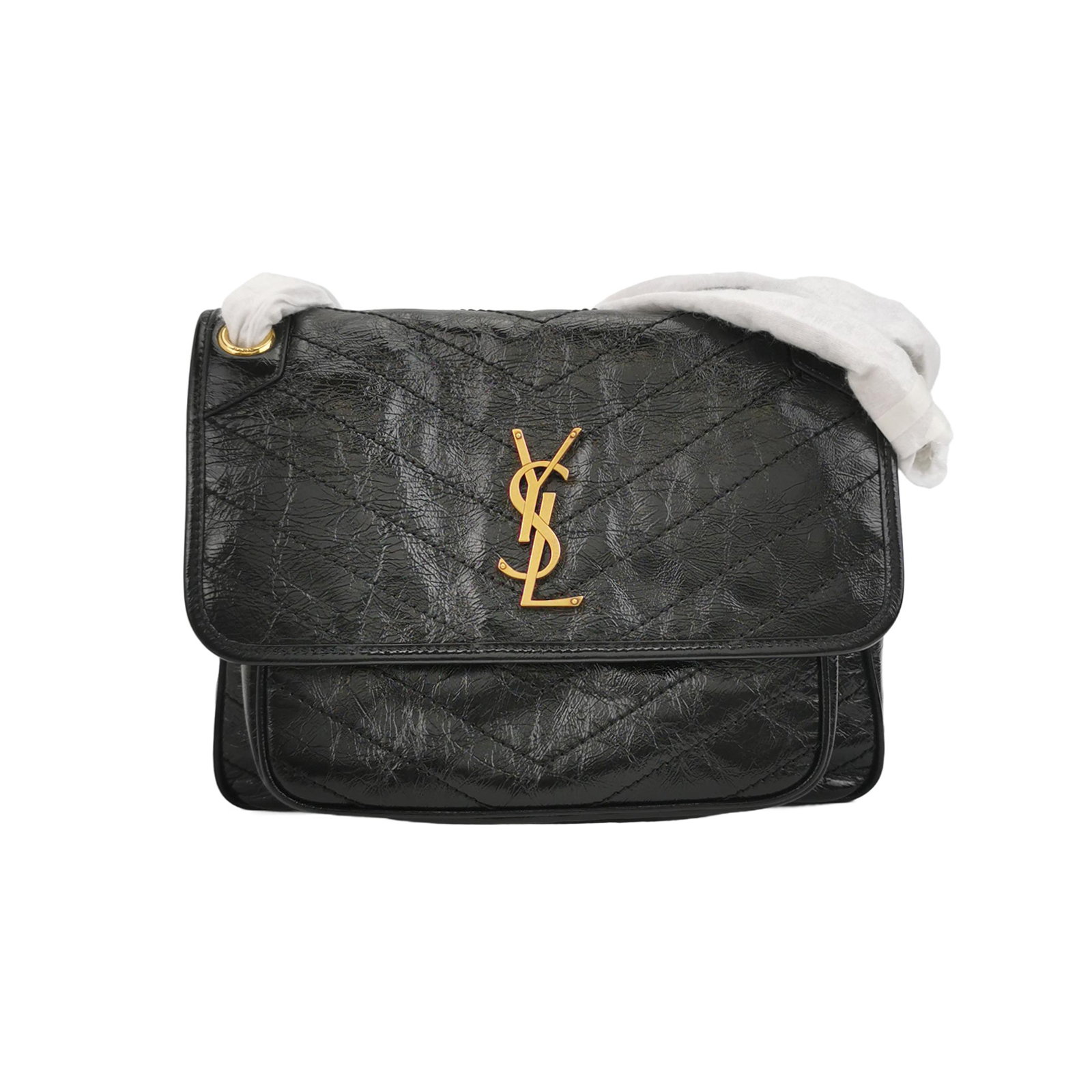 Niki中号油蜡皮纯色V纹绗缝YSL标志单肩包