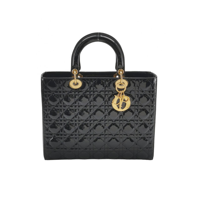 Dior Lady Dior戴妃包大号黑色漆皮藤格纹字母Logo吊饰手提包